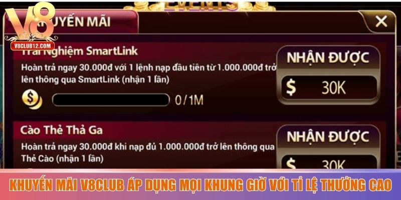 Khuyến mãi V8club áp dụng mọi khung giờ với tỉ lệ thưởng cao